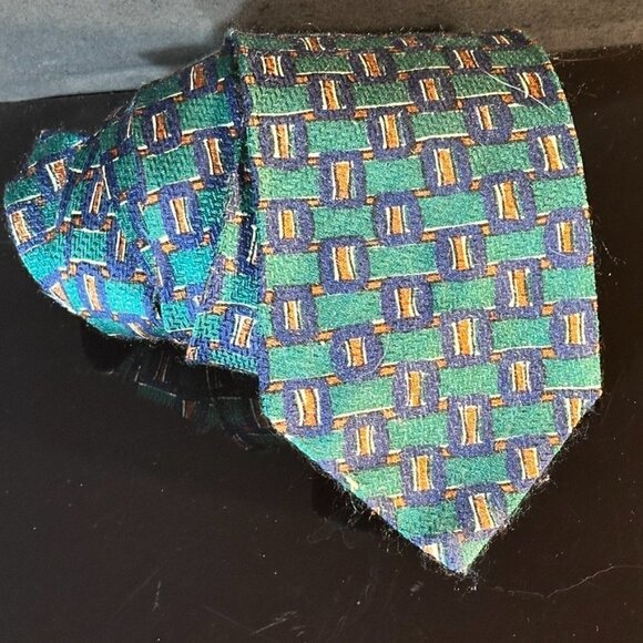 Emanuel Ungaro Silk TGreen Squares Modernist Mans EuC Festive Lush Vintage - Picture 2 of 4